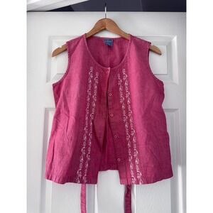 Cottagecore Sleeveless Button‎ Down Embroidered Blouse with Back Tie